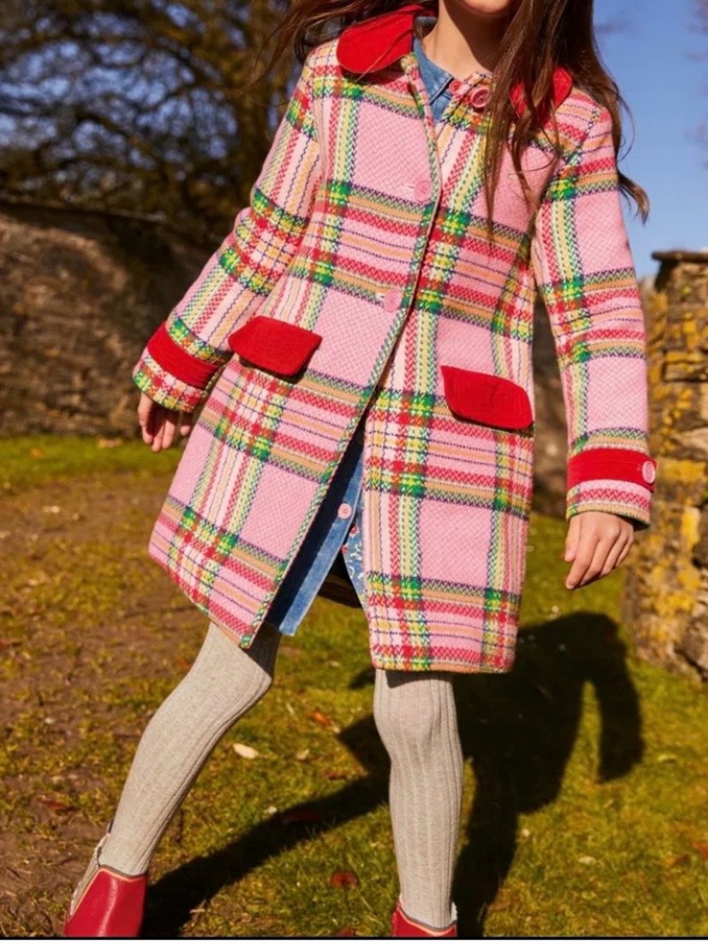 Mini Boden Kids' Wool Blend Coat in a pink blanket check pattern 3-4Y